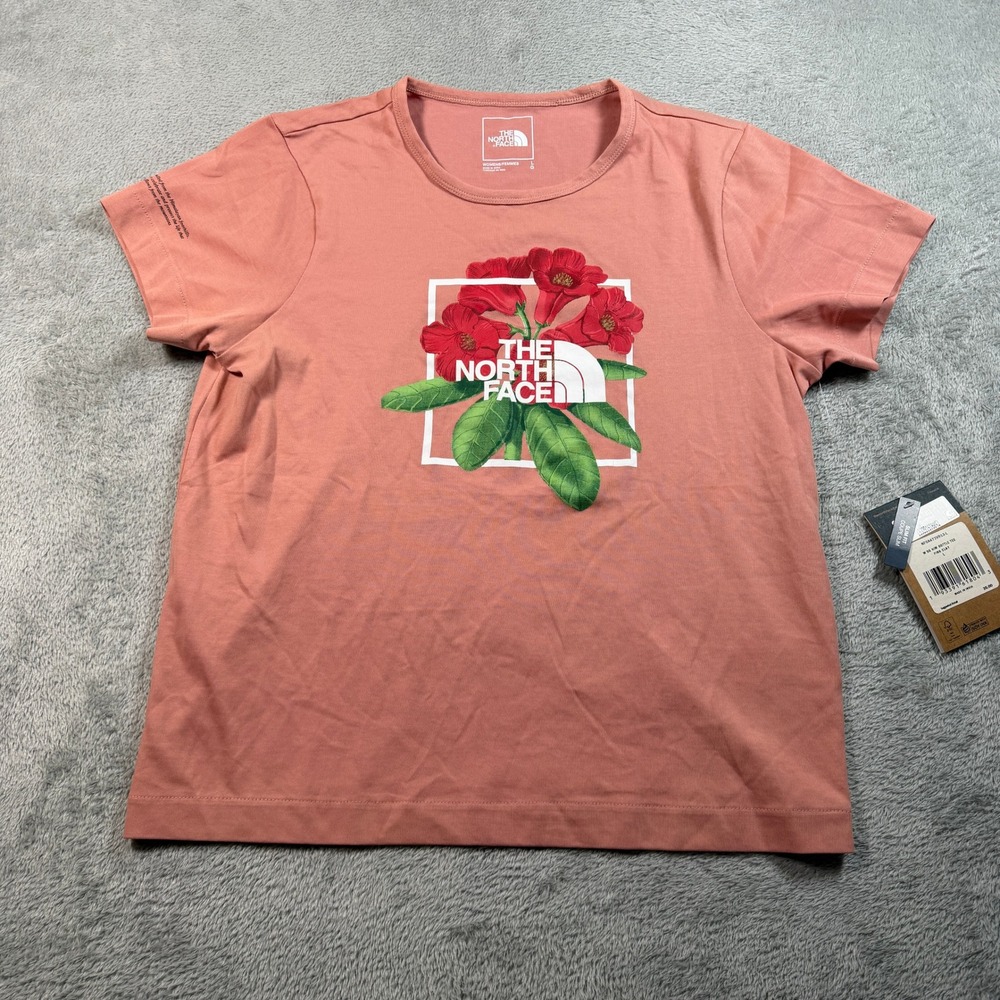 North Face Him Bottle Tee Women Large Pink Clay Floral Graphic Slim Fit Crewneck